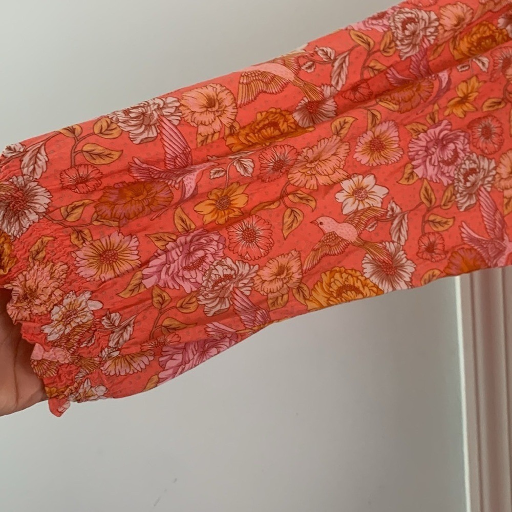 ELF Wrap Dress made by hand Size L birds Floral print ruffle smocked waist tie - Picture 6 of 16
